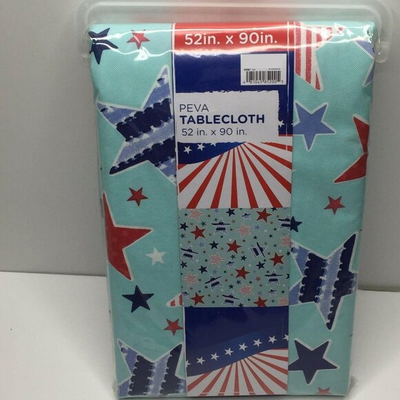 Patriotic PEVA Tablecloth 52 In X 90 In Aqua Red White Blue Stars Rectangular - Picture 3 of 5